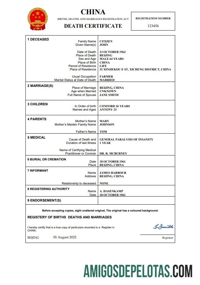 Em branco modelo Word e PDF de certidão de óbito de registro vital da China